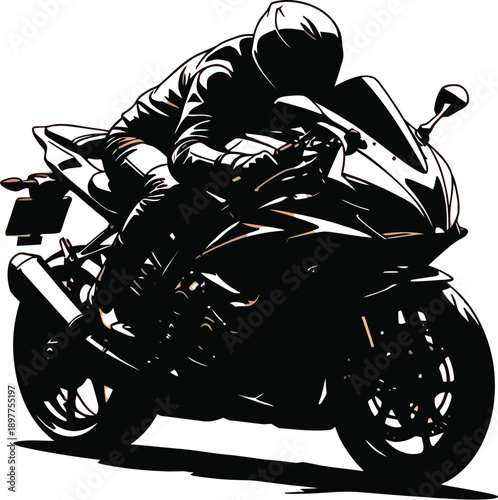 Motorcyclist riding sport bike in dynamic motion on orange background
