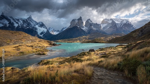 Dramatic Patagonian Landscape with Glacial Lake and Peaks