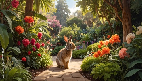 A serene garden scene features a rabbit amidst vibrant blooms and lush greenery, a path inviting exploration