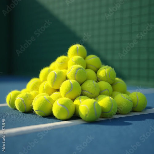 Massive Pyramid of New Yellow Tennis Balls on a Blue Hard Court Stadium