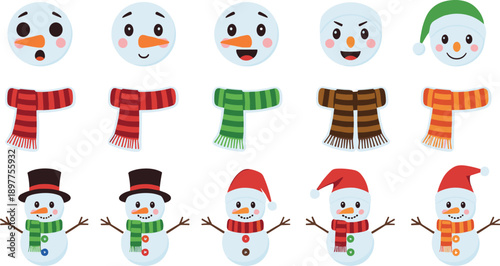 Cute snowman face and character set with winter hats scarves and expressions vector