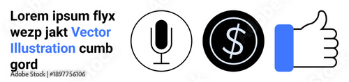 Communication, finance, feedback, podcasting, money management, online services. A microphone, dollar sign and thumbs-up icons displayed in a minimalist style. Communication and finance concepts