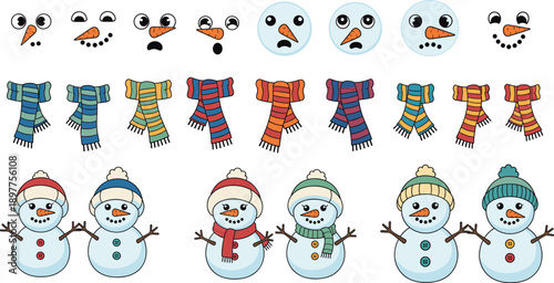 Cute snowman face builder and character vector set with winter scarves and hats for Christmas holiday designs
