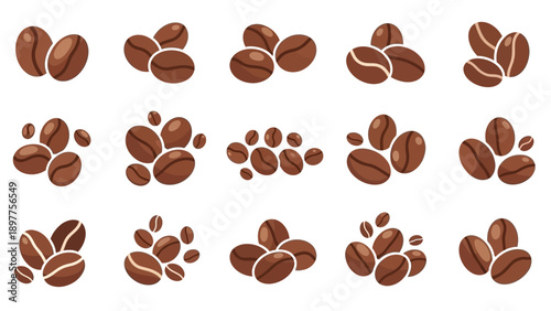 Brown coffee beans in various arrangements.