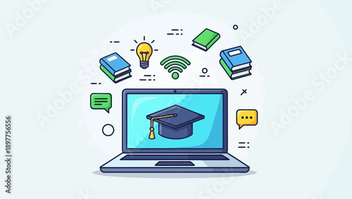 Modern business technology concept featuring a laptop with social network icons and web communication symbols on a digital screen for global internet connection