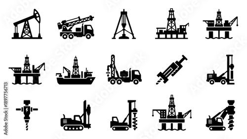 Collection of Industrial Oil and Gas Drilling Equipment Icons.
