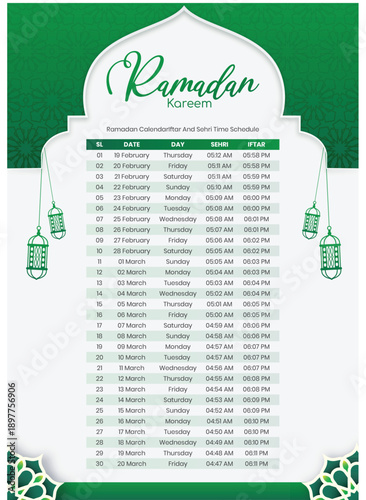 Ramadan Kareem Calendar with Sehri and Iftar Time Schedule Design