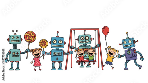 Children Playing with Friendly Robots.