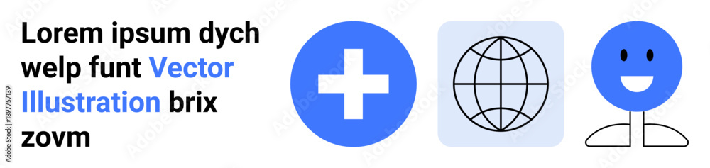 Obraz premium Healthcare, global communication, digital interaction, medical aid, positivity, networking. Cross, globe and smiling stick figure on blue and black elements. Healthcare and global communication