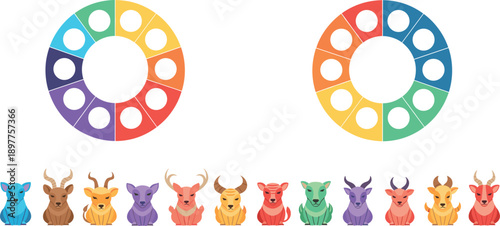 Cute bull character icon set with colorful circular infographic charts cartoon vector