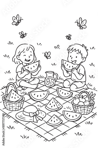 A cute vector illustration shows two little children enjoying a picnic in the park while eating fresh watermelon, capturing friendship, summer joy, and carefree childhood moments in nature.