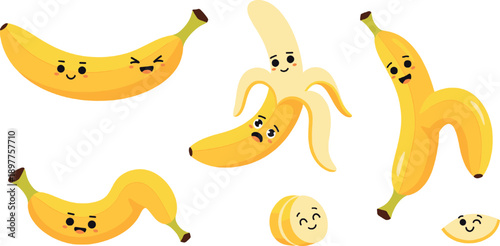 Cute Cartoon Banana Characters Vector Set with Funny Faces and Peeled Fruit