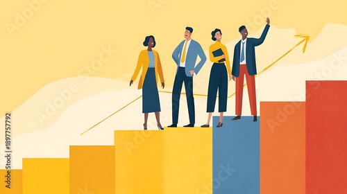 Four diverse professionals stand atop a growth graph, symbolizing success and upward trajectory