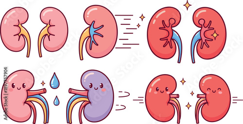 Cute Cartoon Kidney Health Set with Healthy and Unhealthy Organs Medical Flat Vector Illustration
