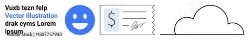 Technology services, digital payments, cloud solutions, cybersecurity, online identity, financial transactions. happy face, payment receipt and cloud icon. Technology services and digital payments