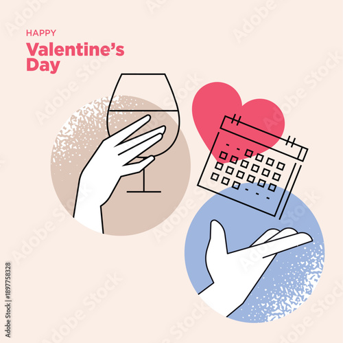 Valentine's Day celebration with wine and calendar icons representing love and special date for couples