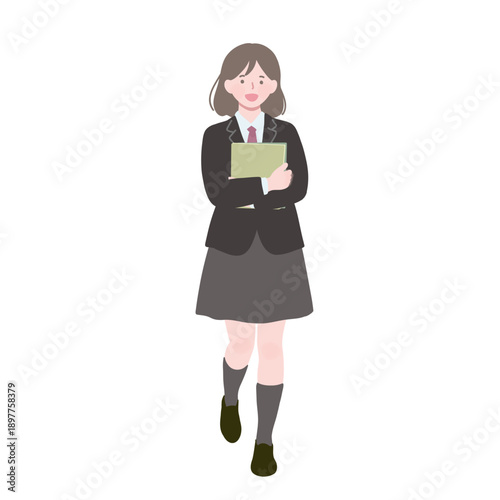 フラットイラスト　ノートを抱えて歩く女子高校生　全身