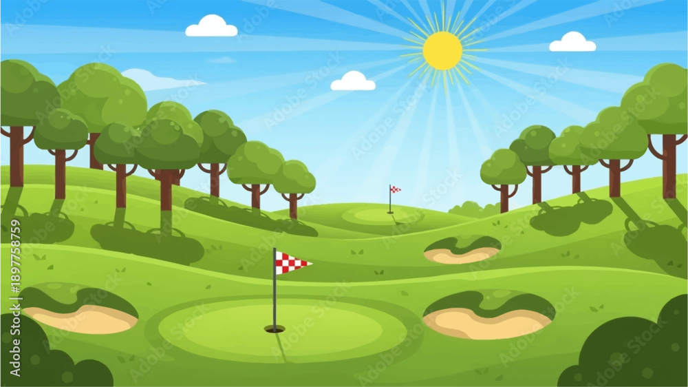 Fototapeta premium A vibrant cartoon illustration of a sunny golf course with green hills, trees, sand bunkers, and golf flags under a bright blue sky.