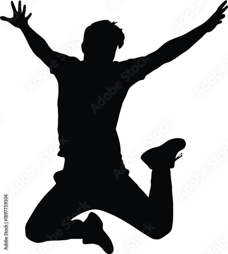 Silhouette of a man jumping in air with arms raised in joy