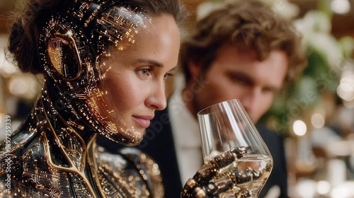Cinematic portrait of elegant female cyborg holding wine glass during luxury date featuring golden circuits and glowing fashion gown in soft light.