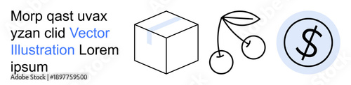 Business concepts, financial ideas, minimalism, commerce, geometry, economics. A simple cube illustration, two cherries on a stem and a dollar sign icon. Business and financial ideas