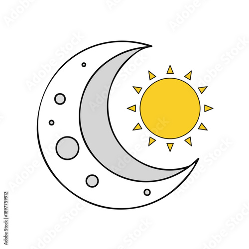 Crescent Moon and Sun Doodle Icon Day Night Symbol