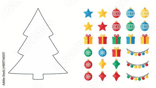 Festive Holiday Collection: Outline Evergreen Tree and Assortment of Colorful Celebration Ornaments and Gift Boxes Vector Elements