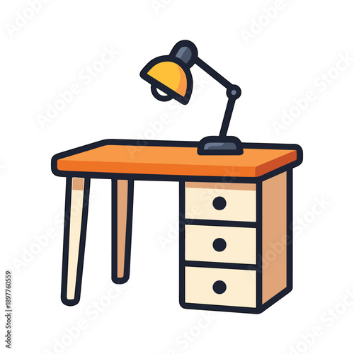 Desk with lamp and three drawers flat vector