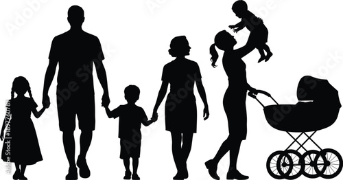 Happy family silhouette vector showing parents walking with children mother lifting baby near stroller for parenting lifestyle illustration design