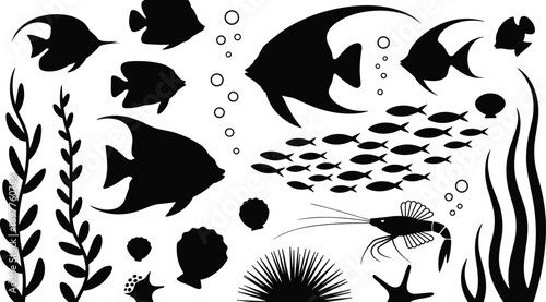 Underwater sea life silhouette vector set with tropical fish coral seaweed bubbles for ocean marine illustration collection design