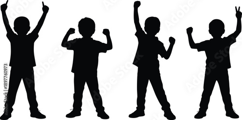 Cheering boys silhouette vector set showing excited children celebrating victory success poses for playful childhood fun illustration design collection