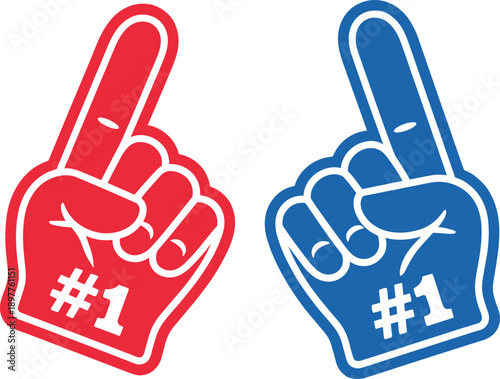 Red and blue foam fingers with "#1" print, symbolizing fan support and enthusiasm at sports events, perfect for game day and team spirit illustrations.