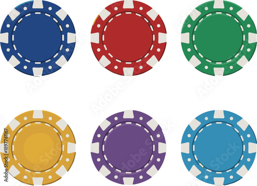 colorful poker chips in varied hues with classic white accents, ideal for casino, gambling, gaming, and entertainment illustrations