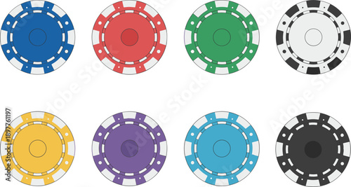 Casino poker chips vector illustration set in multiple colors, featuring realistic round gaming tokens for gambling, betting, and card game design projects