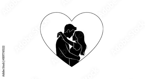 Black silhouette of a couple embracing inside a heart outline, isolated on transparent background