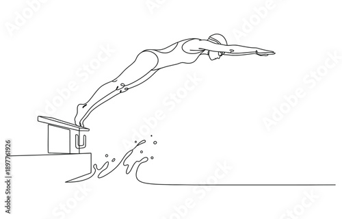 Continuous single one line drawing art of swimming athlete woman jumping to start swim competition.