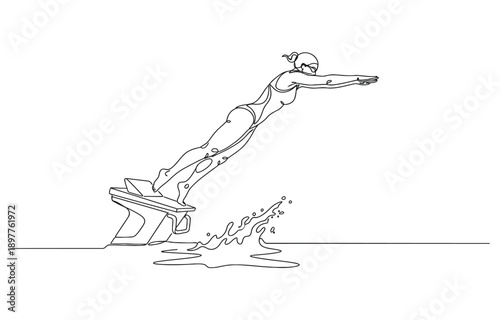 Continuous single one line drawing art of swimming athlete woman jumping to start swim competition.