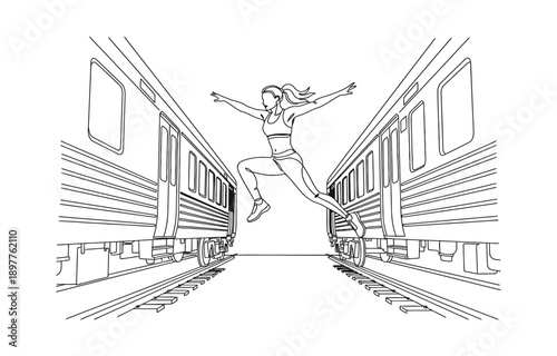 Single continuous line drawing of young sportive woman training pole vault jump in the field.