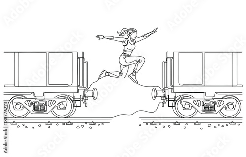 Single continuous line drawing of young sportive woman training pole vault jump in the field.