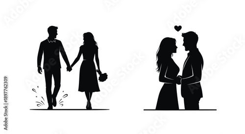 Two couples walking and embracing depicted in stark black silhouette