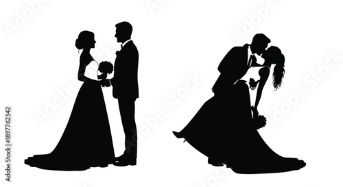 Couple embracing and posing during wedding striking black shape silhouette