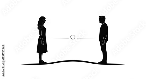 Couple facing each other with a heart between them a striking silhouette