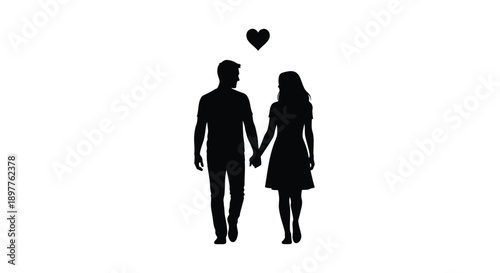 Couple holding hands with a heart above black silhouette