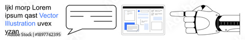 Communication tools, UI design, robotics, automation, information exchange, technology innovation. Speech bubble, web interface robotic hand pointing. Communication tools and UI design concept