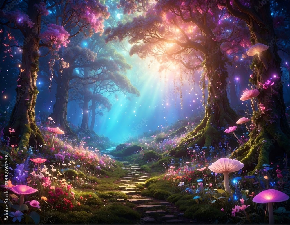 Fototapeta premium A serene forest path lined with vibrant flowers and glowing mushrooms