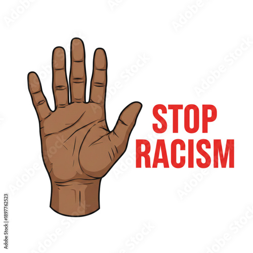Raised hand with stop racism message against white background
