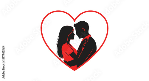 Vector illustration of a couple embracing inside a heart outline, symbolizing love and romance.