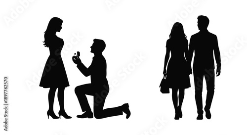 A romantic proposal and a couple walking depicted in silhouette