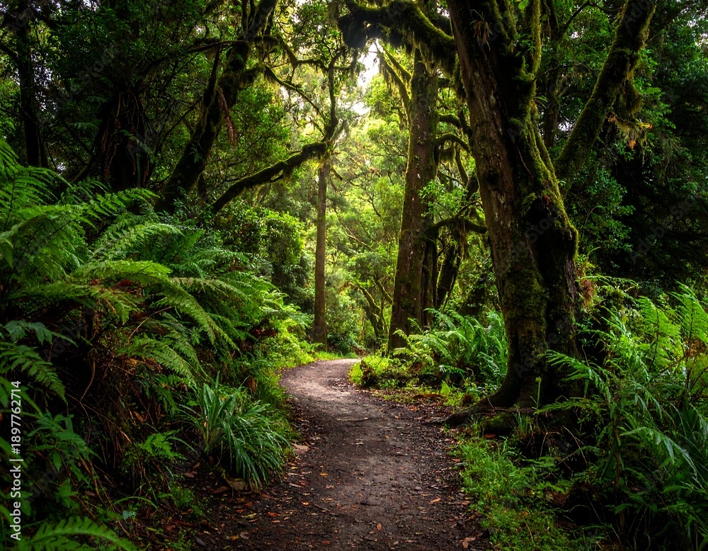 Fototapeta premium A serene forest path surrounded by lush greenery
