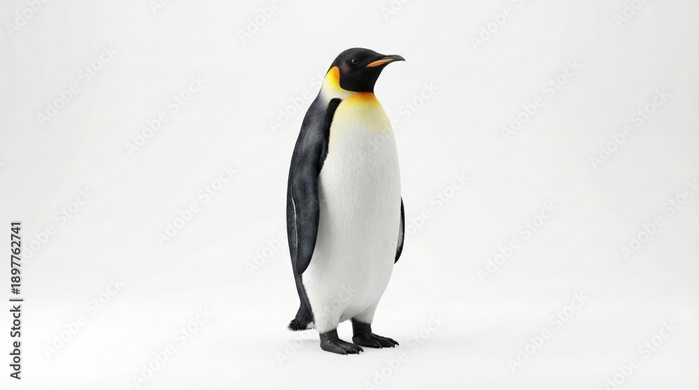 Obraz premium A solitary emperor penguin stands upright against a plain white background, showcasing its distinctive black, white, and yellow plumage.